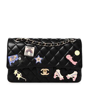 RARE Authentic CHANEL Lambskin Quilted Medium Hollywood Charms Double Flap Black
